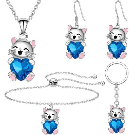 SUPAC Lucky Smiling Cat Crystal Jewelry Set, Necklace Bracelet Earrings Keychain, Blue and Purple Crystal, Silver
