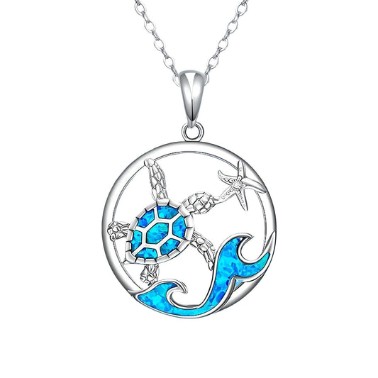 SUPAC Sea Turtle Necklace with Blue Opal, Ocean Wave Design, 0.71 inch Pendant