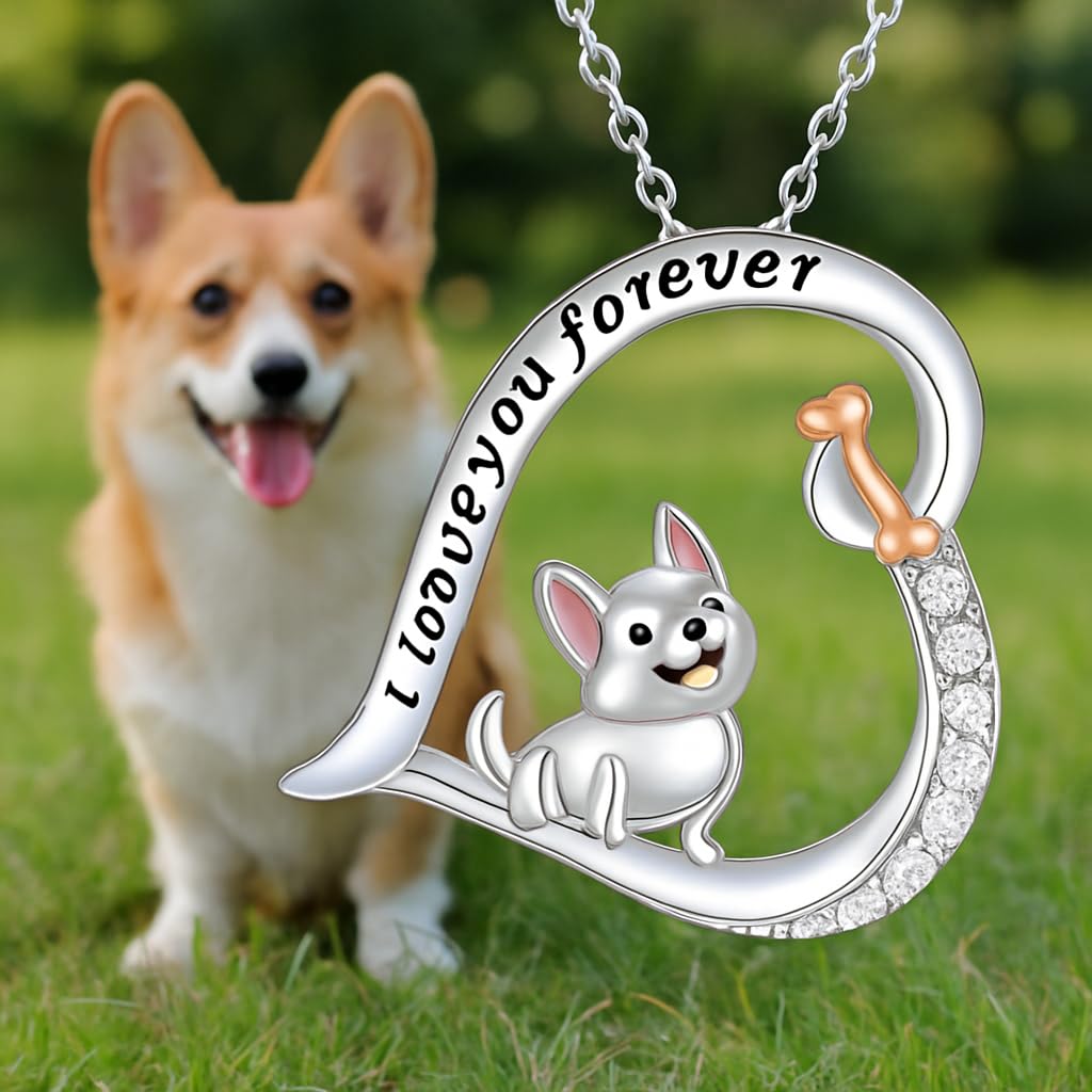 Schnauzer, French Bulldog, Boxer, Dog Heart Pendant Necklace, Stainless Steel, Crystal Accent, I Love You Forever, 19.7 inch Chain