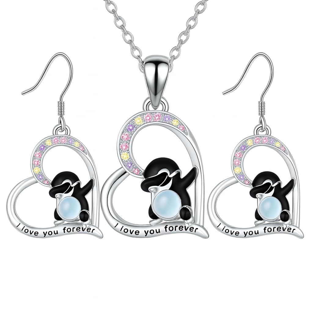SUPAC Dabbing Penguins Heart Jewelry Set, I Love You Forever Necklace and Earrings, Crystal Rhinestone Silver Pendant, 17.55 inch Chain