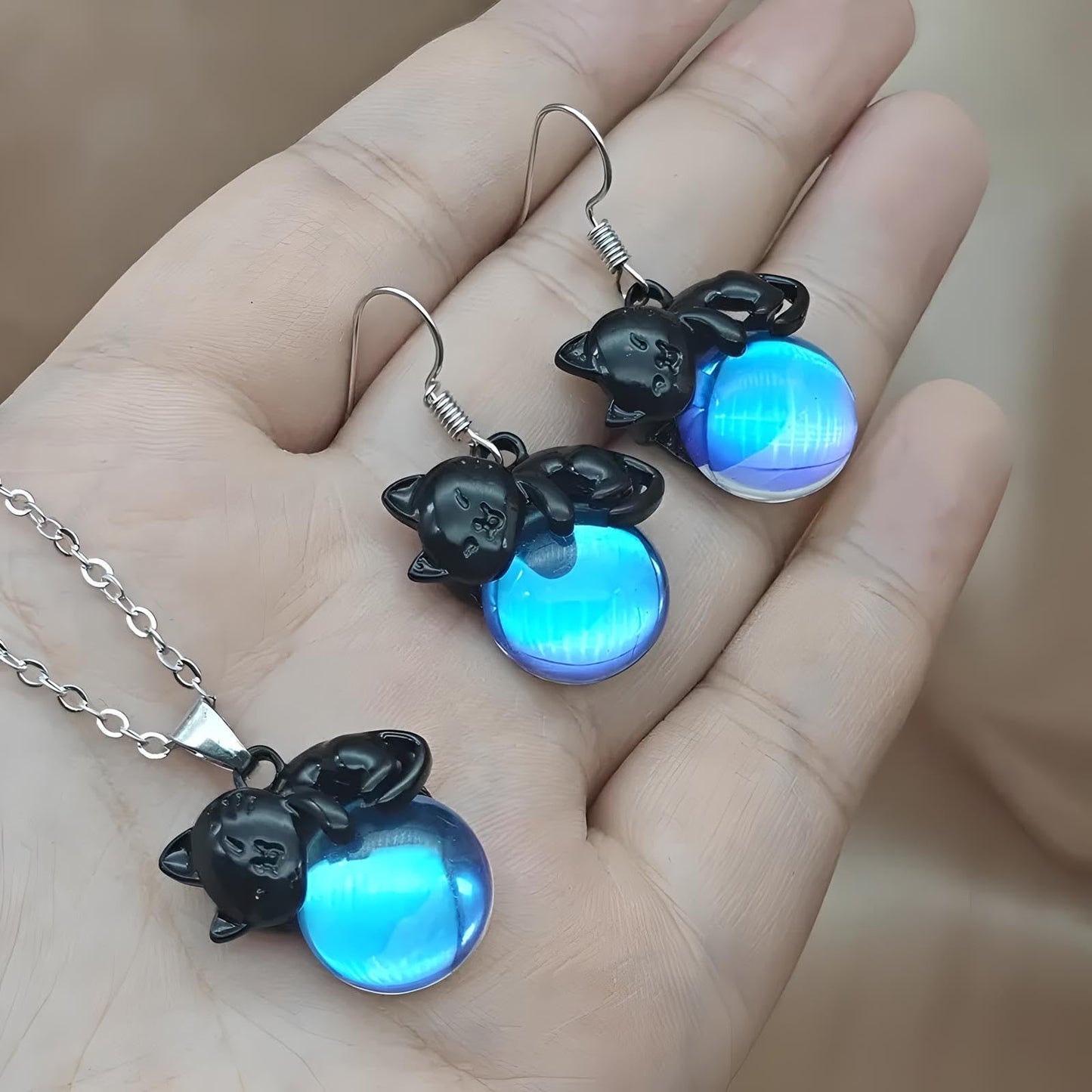 SUPAC Black Cat Jewelry Set – Glowing Blue Orb Necklace and Matching Earrings – Gift for Cat Lovers