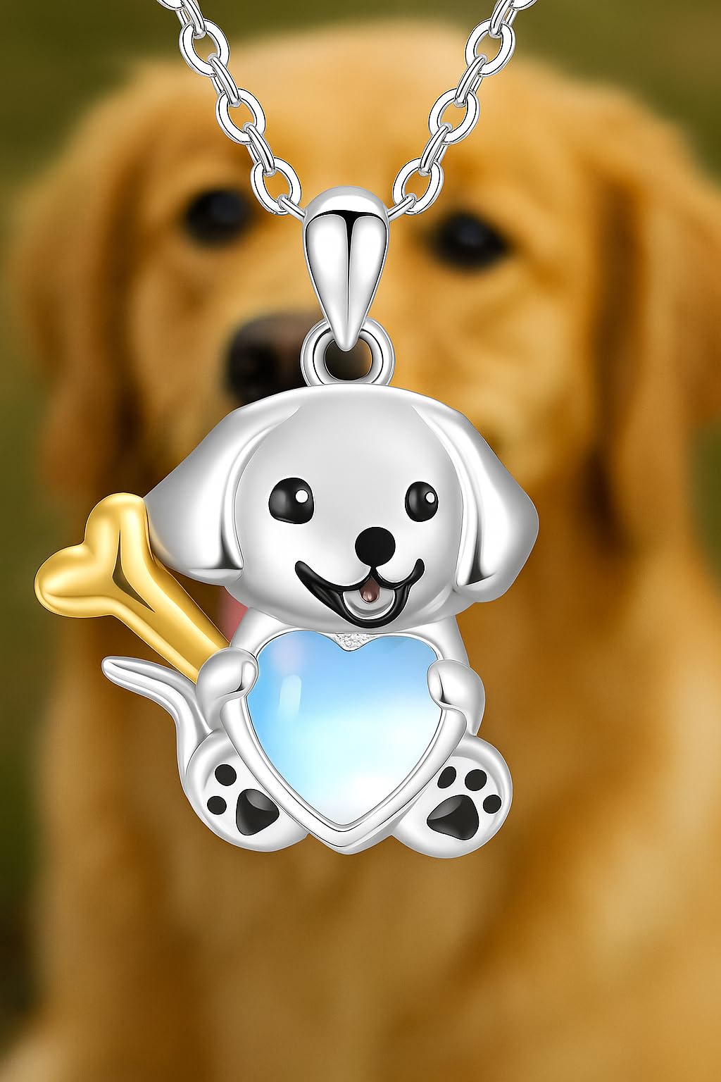 SUPAC Cute Puppy Pendant Necklace with Blue Heart and Gold Bone, 17.7 inch Chain, Silver