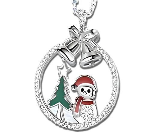 Festive Spirit Christmas Tree Snowman and Bells Pendant Necklace, Party Gift for Women