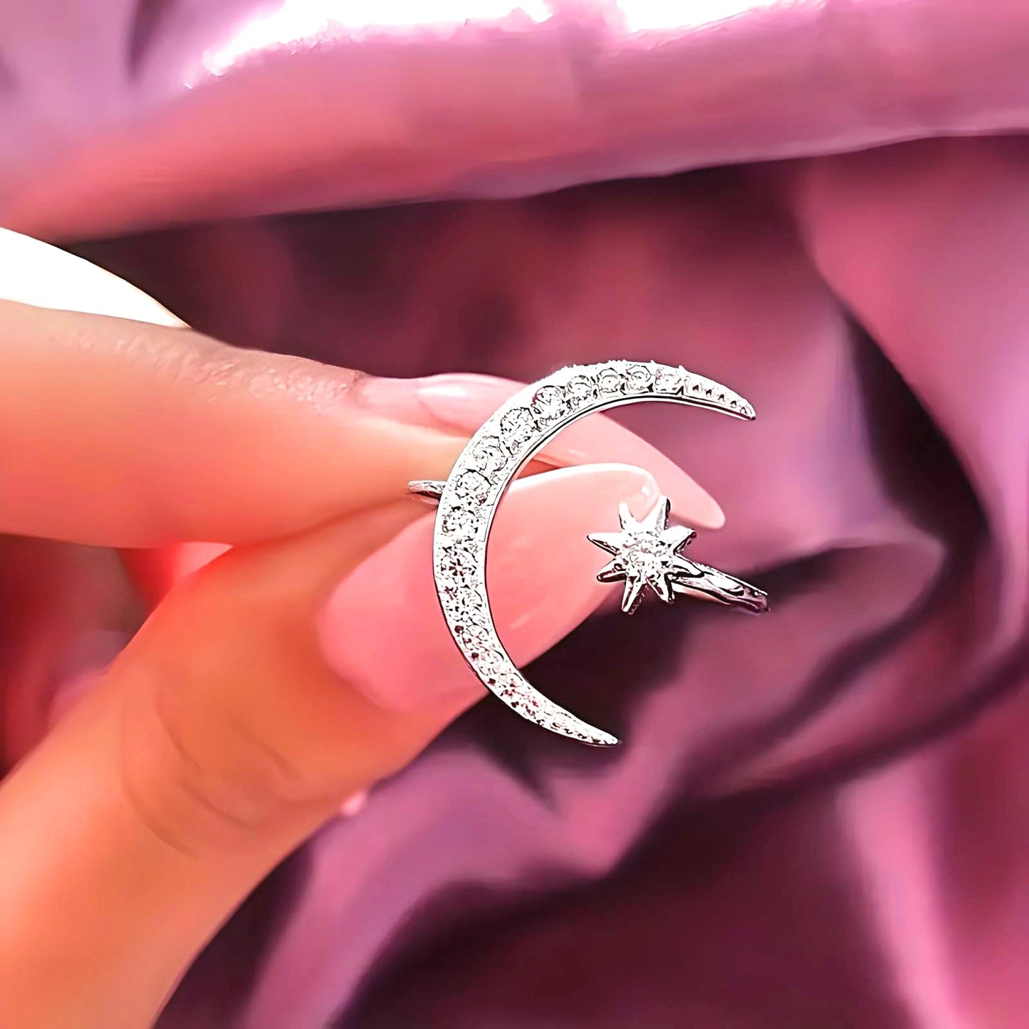 1pc Chic Moon & Sun Cuff Ring - Shimmering Rhinestone Crescent Design - Delicate Daily Wear & Party Accessory for Fashion-Forward Style - Christmas, Birthday Gift