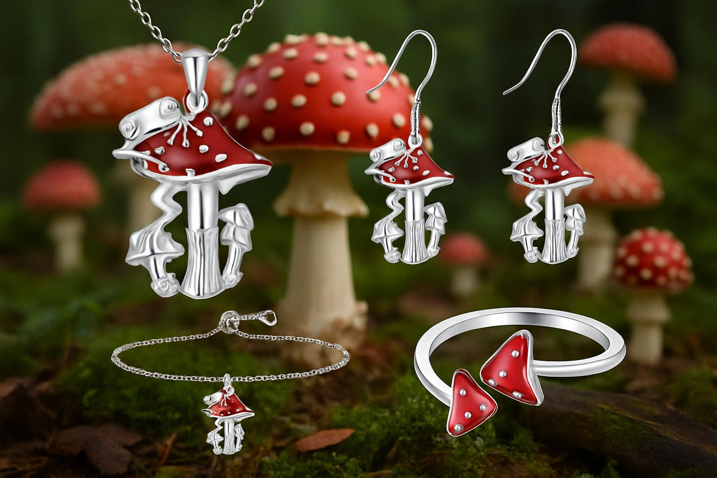 SUPAC Red Mushroom Jewelry Set, Stainless Steel Necklace, Bracelet, Ring and Earrings, 9.84 inch Chain