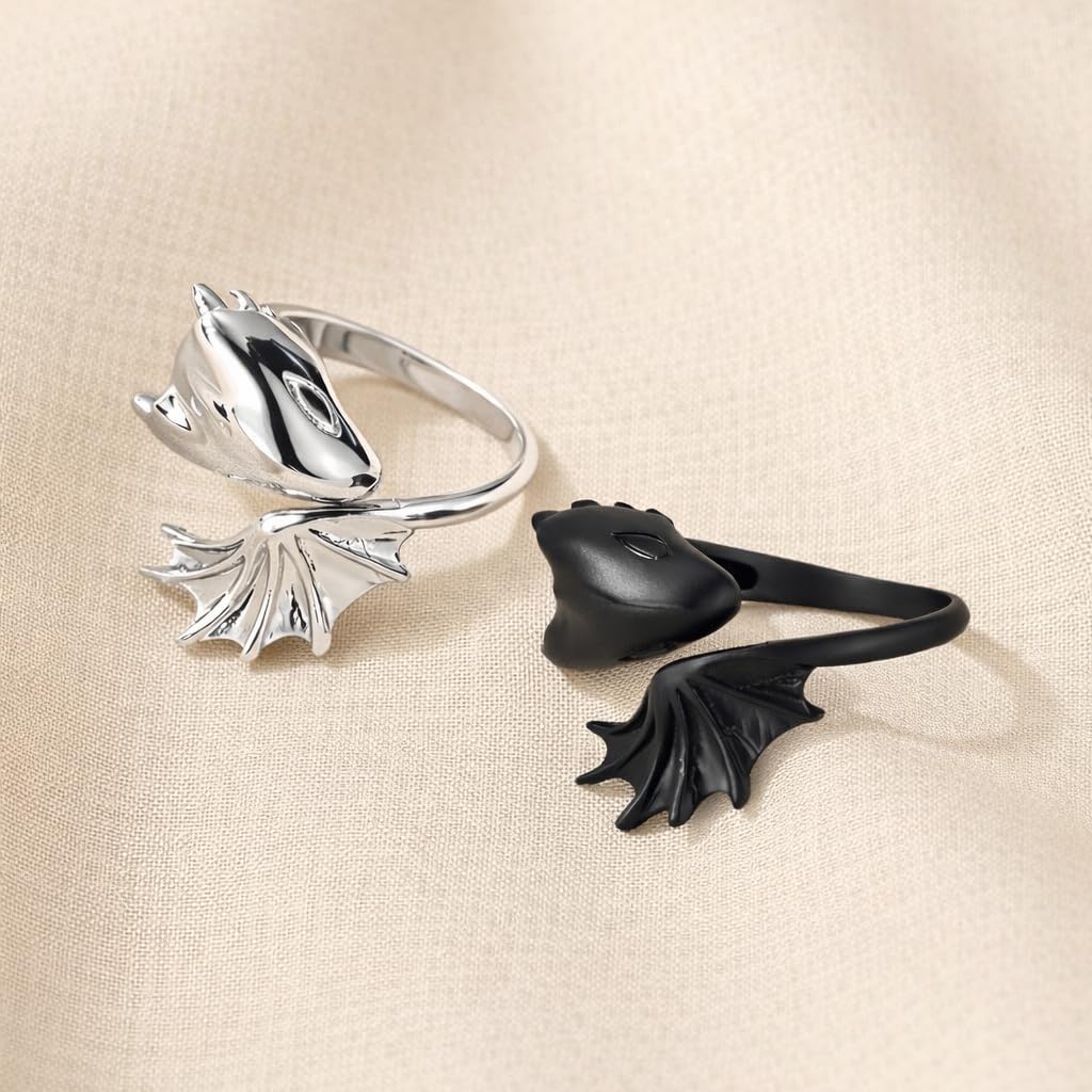 SUPAC Whimsical Silver Flying Dragon Ring - Unique Animal Shape Design, Adjustable Index Finger Ring for Men or Women, Cute Personality Statement Jewelry, Niche Fashion Accessory