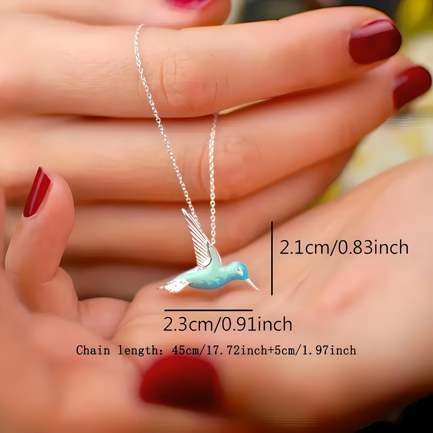 SUPAC Hummingbird Pendant Necklace, Sterling Silver Chain, Turquoise Blue Enamel