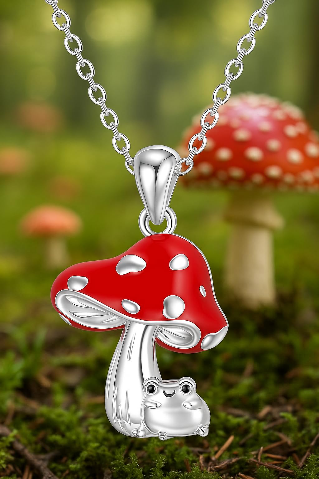 SUPAC Stainless Steel Mushroom Frog Pendant Necklace, 0.71 x 0.63 inch - Frog Lovers' Gift