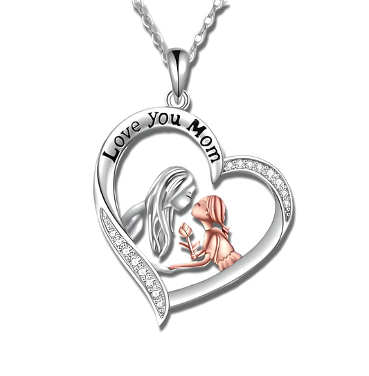 Heart-Shaped Mother's Day Necklace, Family + Mother Necklace Options with Crystal Accents, Mother and Daughter Pendant Gift, Silver and Gold-Tone, 'I Love You Always & Forever' Message