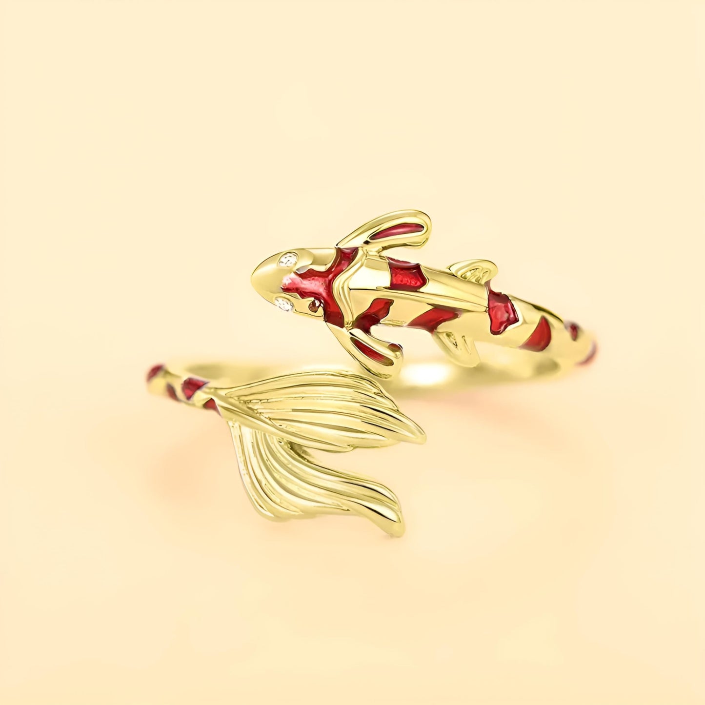 Stainless Steel Koi Fish Ring and Earrings Set with Red Enamel, Japanese Style - Koi Fish Jewelry Gift