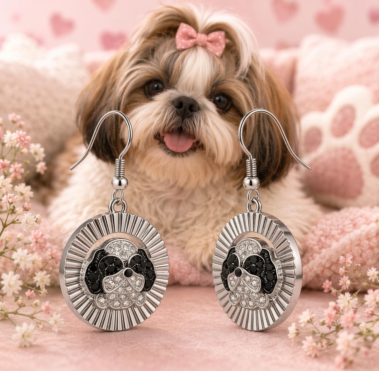 Shih Tzu Drop Earrings, Silver Plated Stainless Steel, Dog Face Pendant, Hypoallergenic, Tarnish Resistant, 0.98 in
