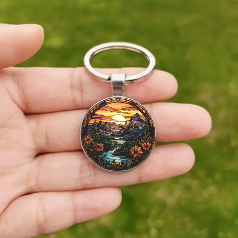 Mountain Sunset Stained Glass Art Keychain, Nature Scene Design, Round Pendant (Flowing River)