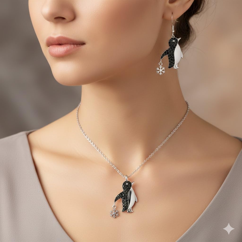 SUPAC Crystal Penguin Jewelry Set, Silver Necklace and Earrings with Snowflake Charm, Black - Gift for Penguin Lovers