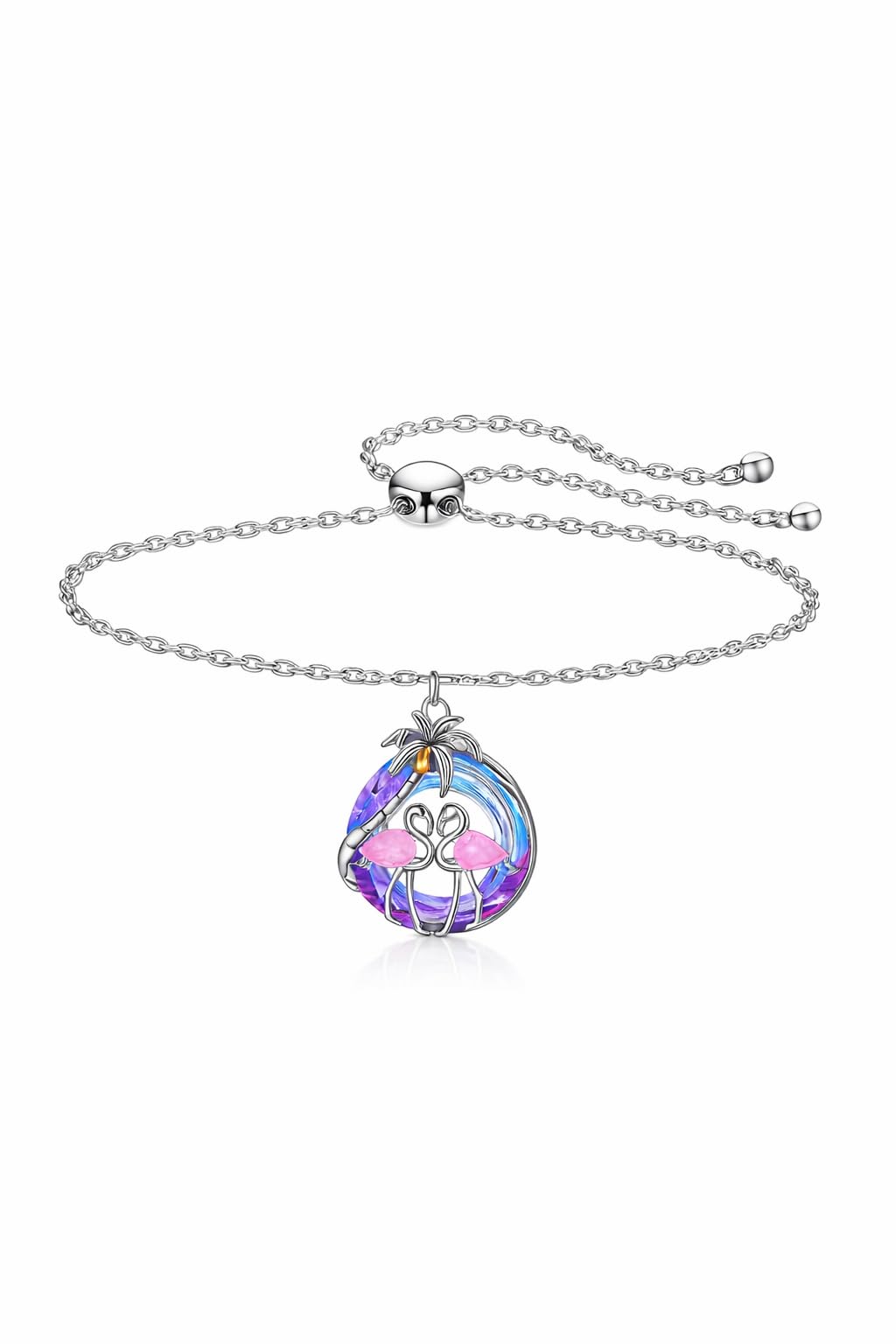 SUPAC Tropical Flamingo Jewelry Set with Necklace, Bracelet, Earrings and Keychain, Pink and Purple Crystal Beach Design, Silver