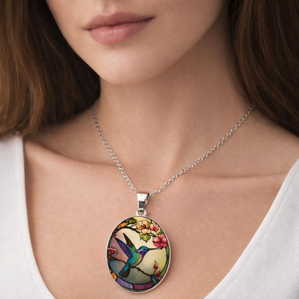 SUPAC Stunning Hummingbird Pendant Necklace - Two Humming Birds Searching for Flower - Fashionable Alloy Jewelry with Delicate Details - Birthday, Party, Gift Idea for Her