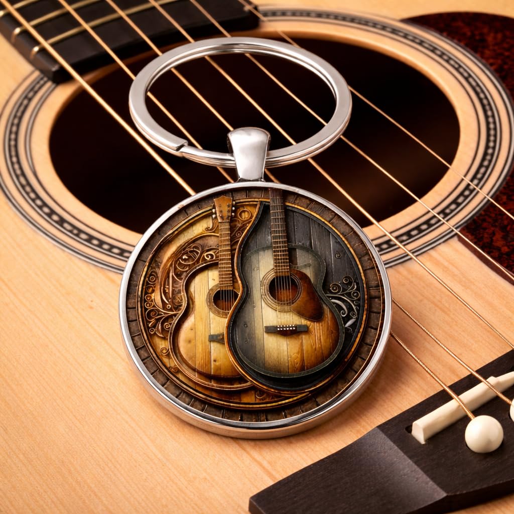 SUPAC Decorative Acoustic Guitar Keychain, 2D Flat Design, 1.18 inch Ring