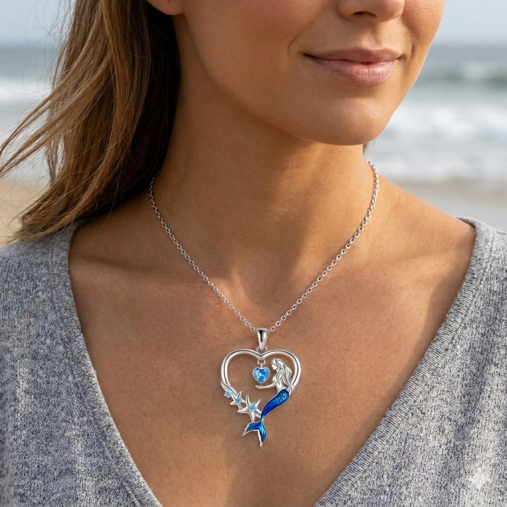 SUPAC Heart of the Sea Mermaid Pendant Necklace, Starfish and Blue Fin - with Multiple Colors