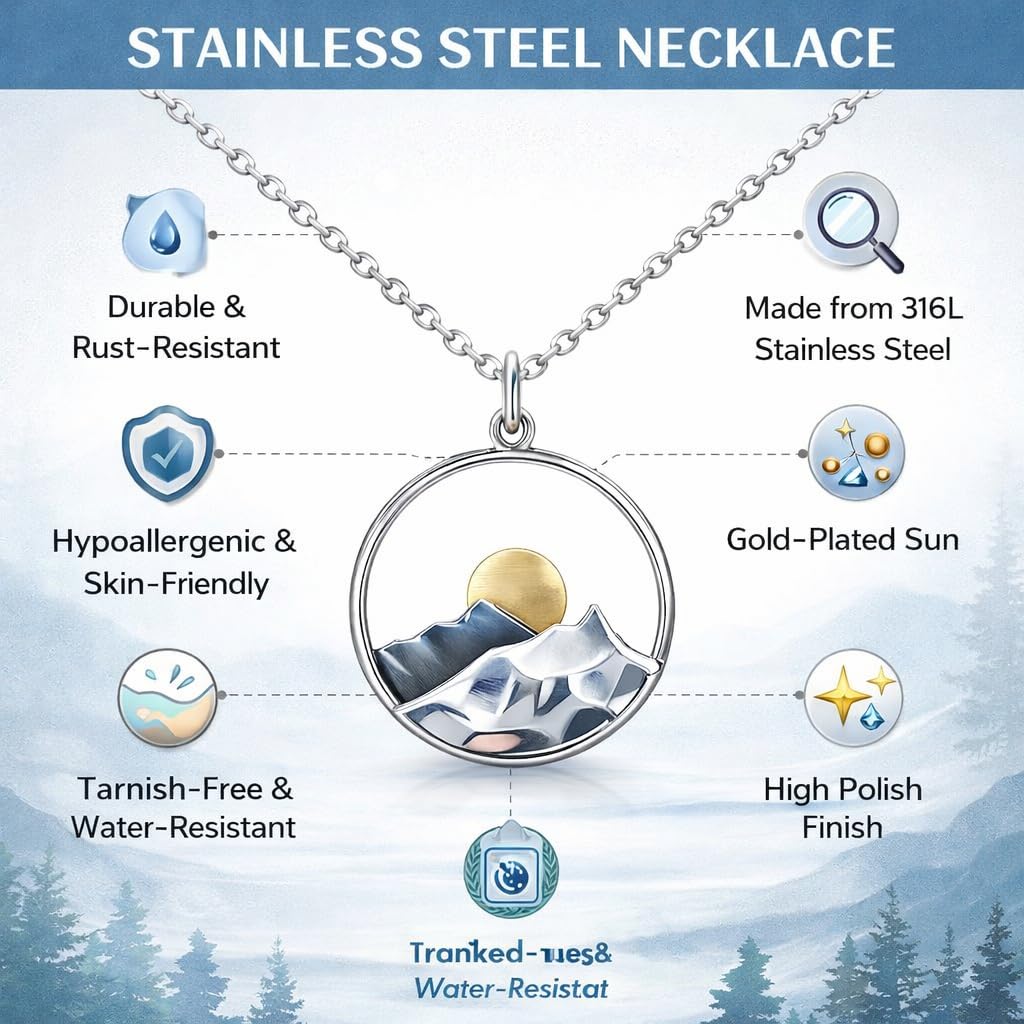 SUPAC Mountain Scene Pendant Necklace, Silver Chain, Nature Landscape Design, Circle Pendant