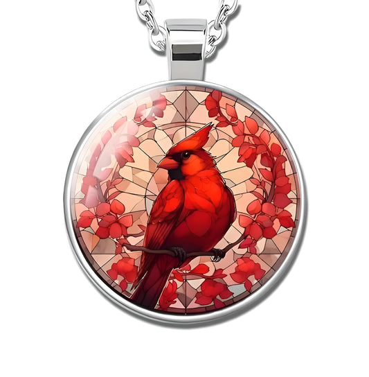 Red Cardinal Stained Glass Art Pendant Necklace, Silver Chain, Round Glass Dome