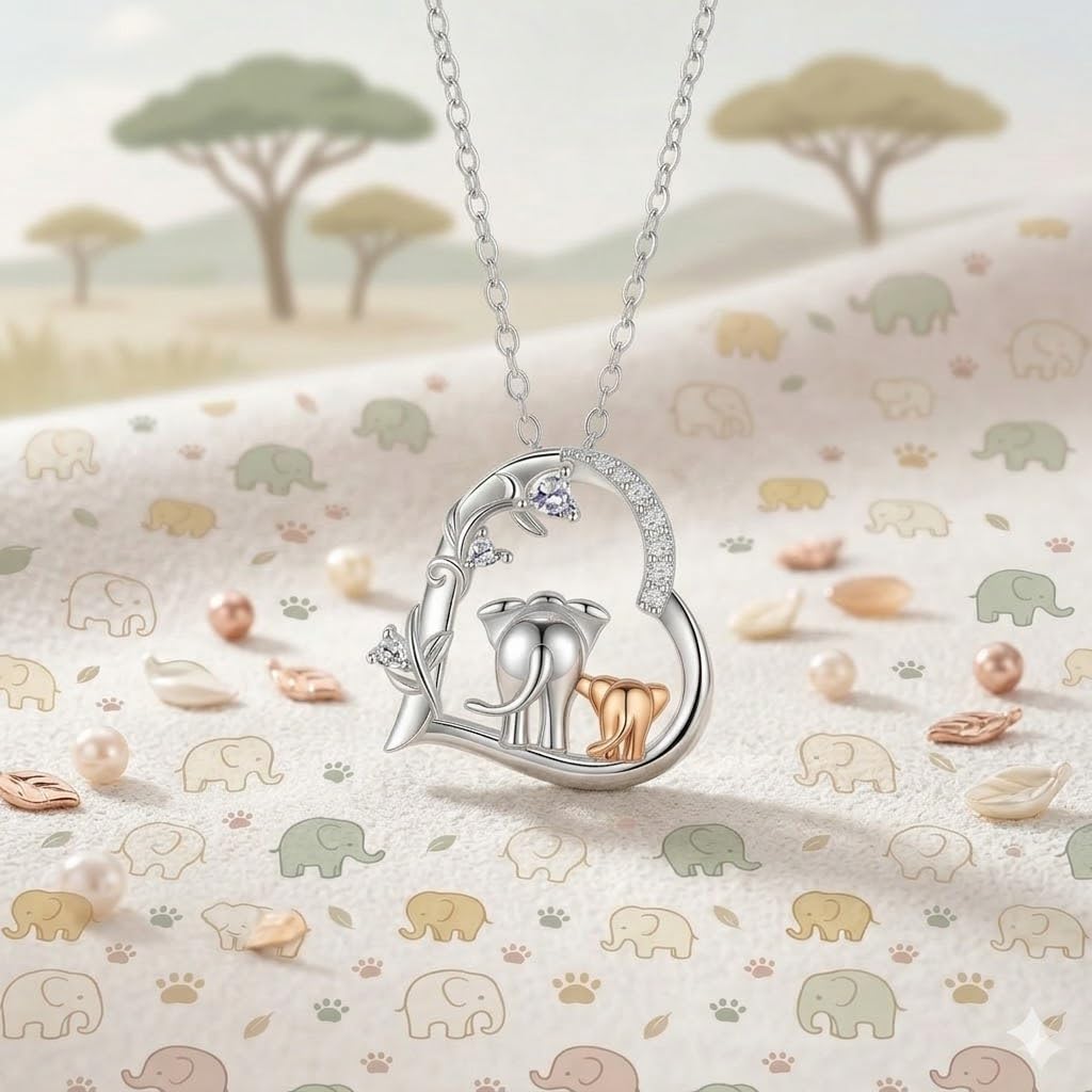 SUPAC Elephant Necklace, Silver Design - Elephant Lovers' Gift - Adjustable Vintage Elephant Ring with Turquoise Inlay – Unisex Boho Style Alloy Jewelry for Everyday & Party (Mother + Baby)