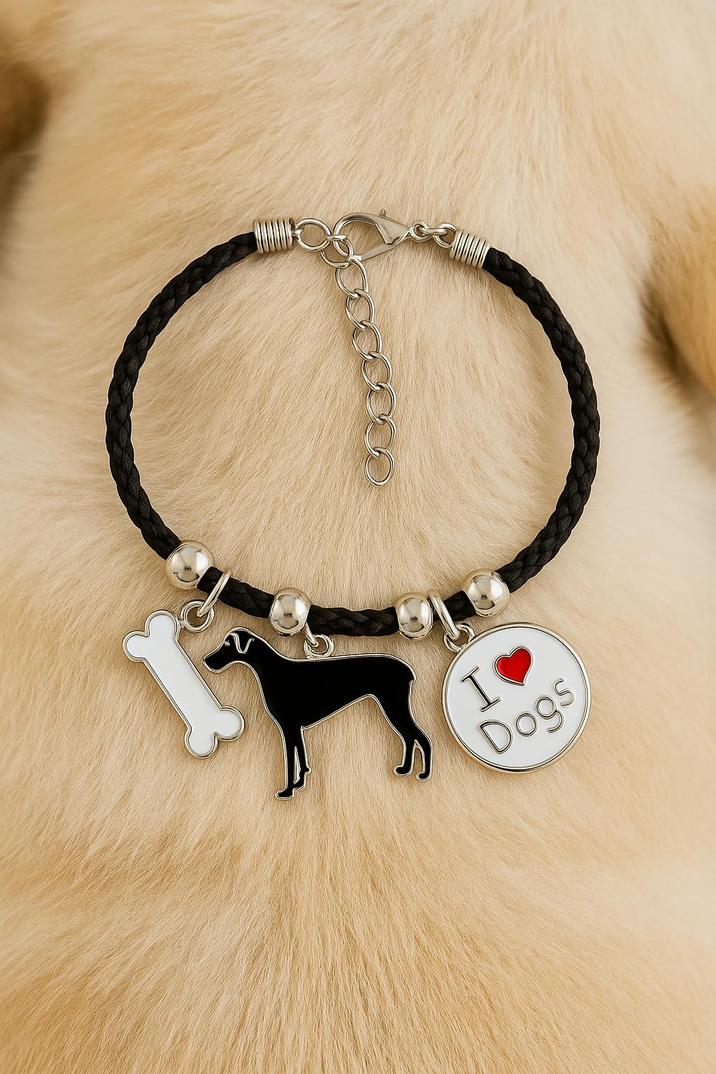 Pet Charm Bracelet with Dog Charms, Black Braided Band, I Love Dogs Design - Dog Lovers' Bracelet - Different Breeds of Dogs, Pet Lover Gift for Birthday and Holiday, Durable and Long-Lasting, Hypoallergenic and Nickel-Free, Everyday Wear (Great Dane)