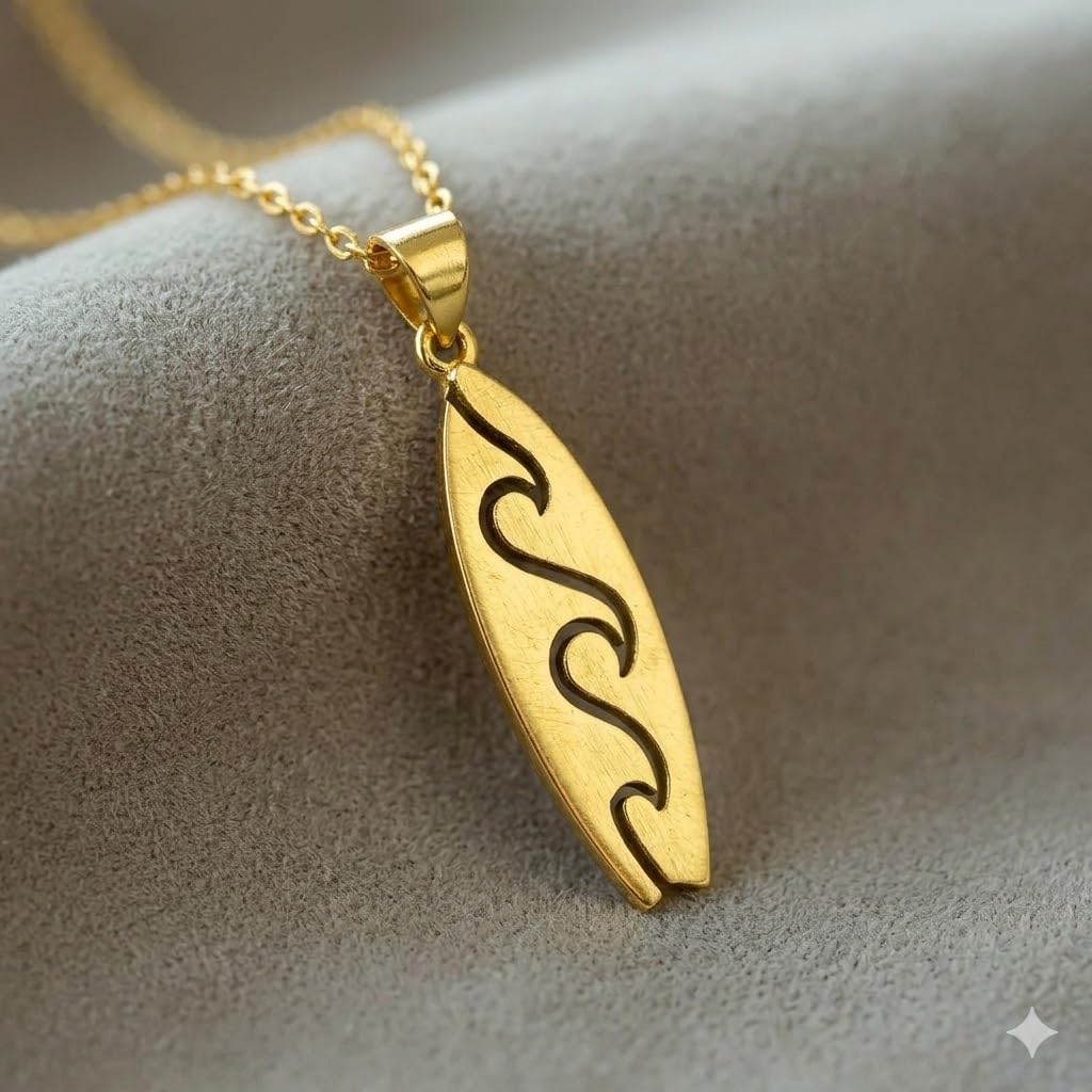 SUPAC Gold Surfboard Wave Pendant Necklace, 16.5 inch Chain with 2 inch Extension, Wave Design