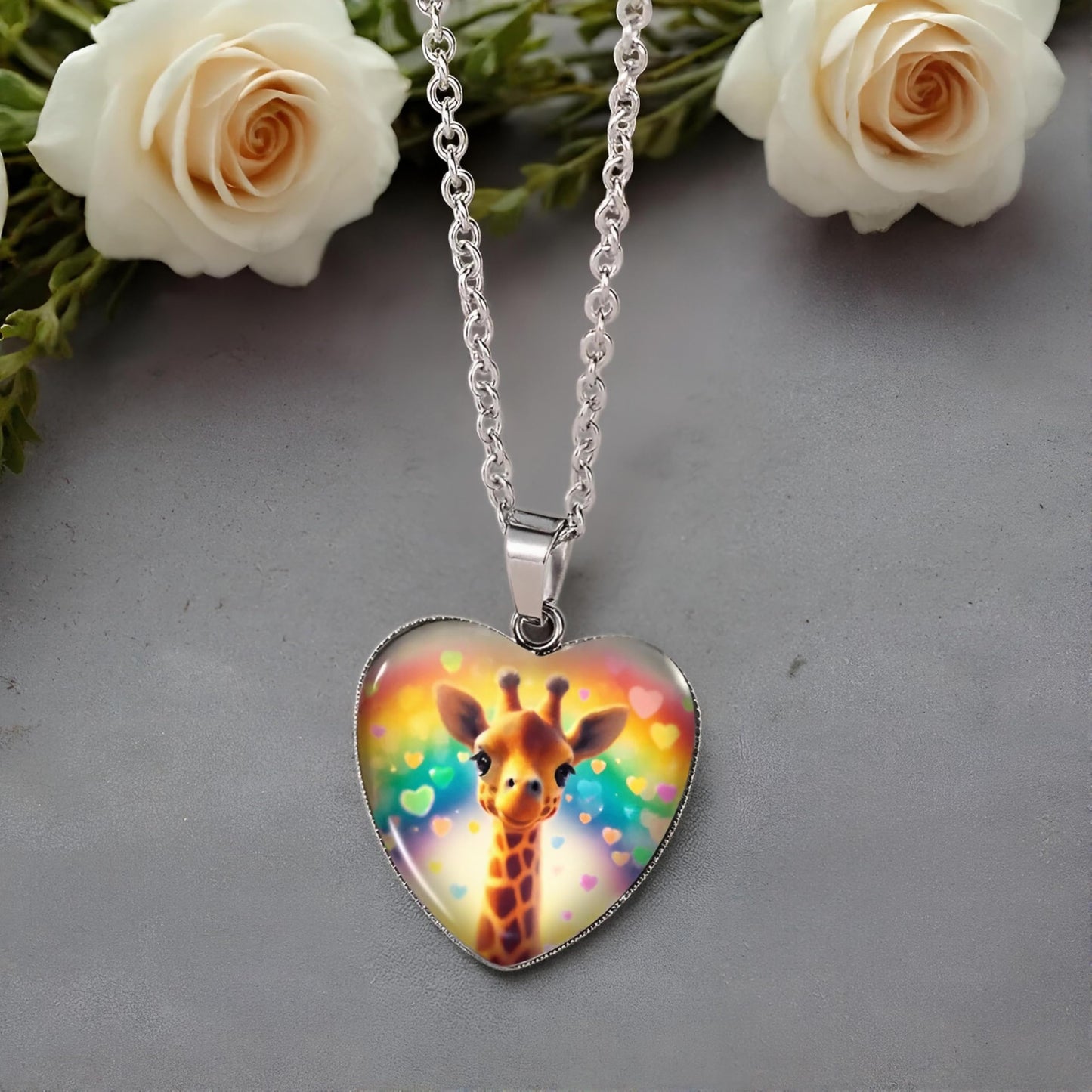 Cute Exquisite Giraffe Animal Detail Heart Pendant Necklace, Stainless Steel Chain- Christmas, Birthday, or Party Gift For Women