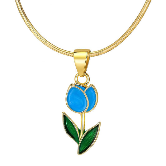 SUPAC Tulip Pendant Necklace, Gold-Plated Chain, Blue and Green Enamel Flower, 17.3 Inches
