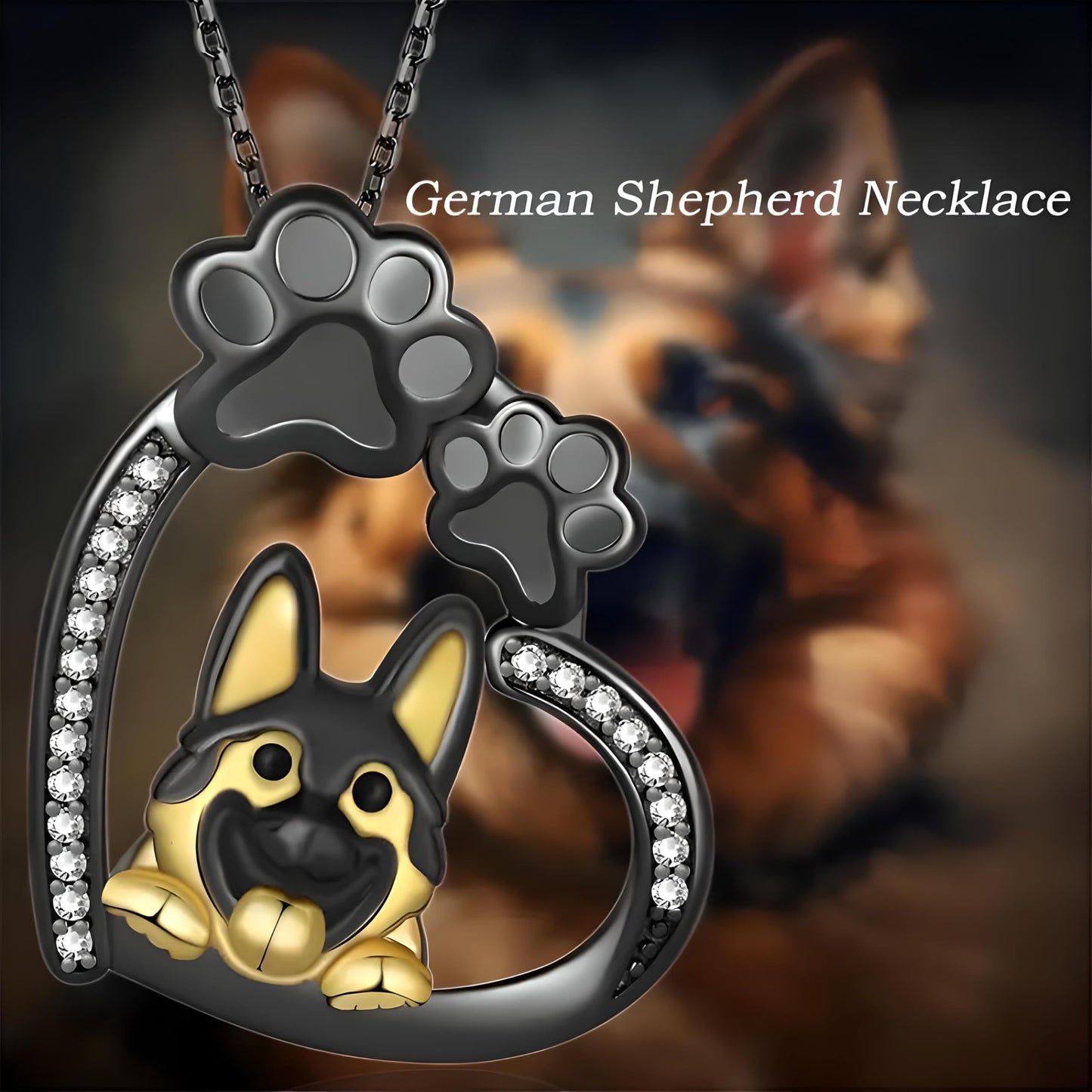SUPAC Dog Breeds Necklace, German Shepherd, Labrador Retriever, Heart Pendant Necklace, Black and Gold, Crystal Paw Print Design, Dog Lovers Gift