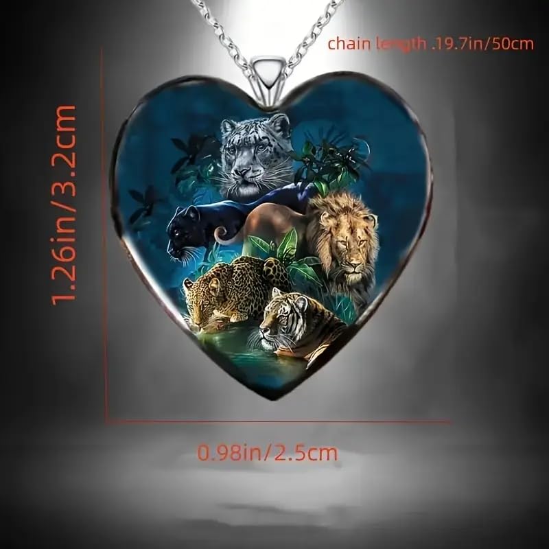 SUPAC Heart-Shaped Jungle Animals Pendant Necklace, Multicolor Glass Necklace including: Lion, Tiger, Leopard, Panther and Cheeta - Christmas, Holiday, or Birthday Gift