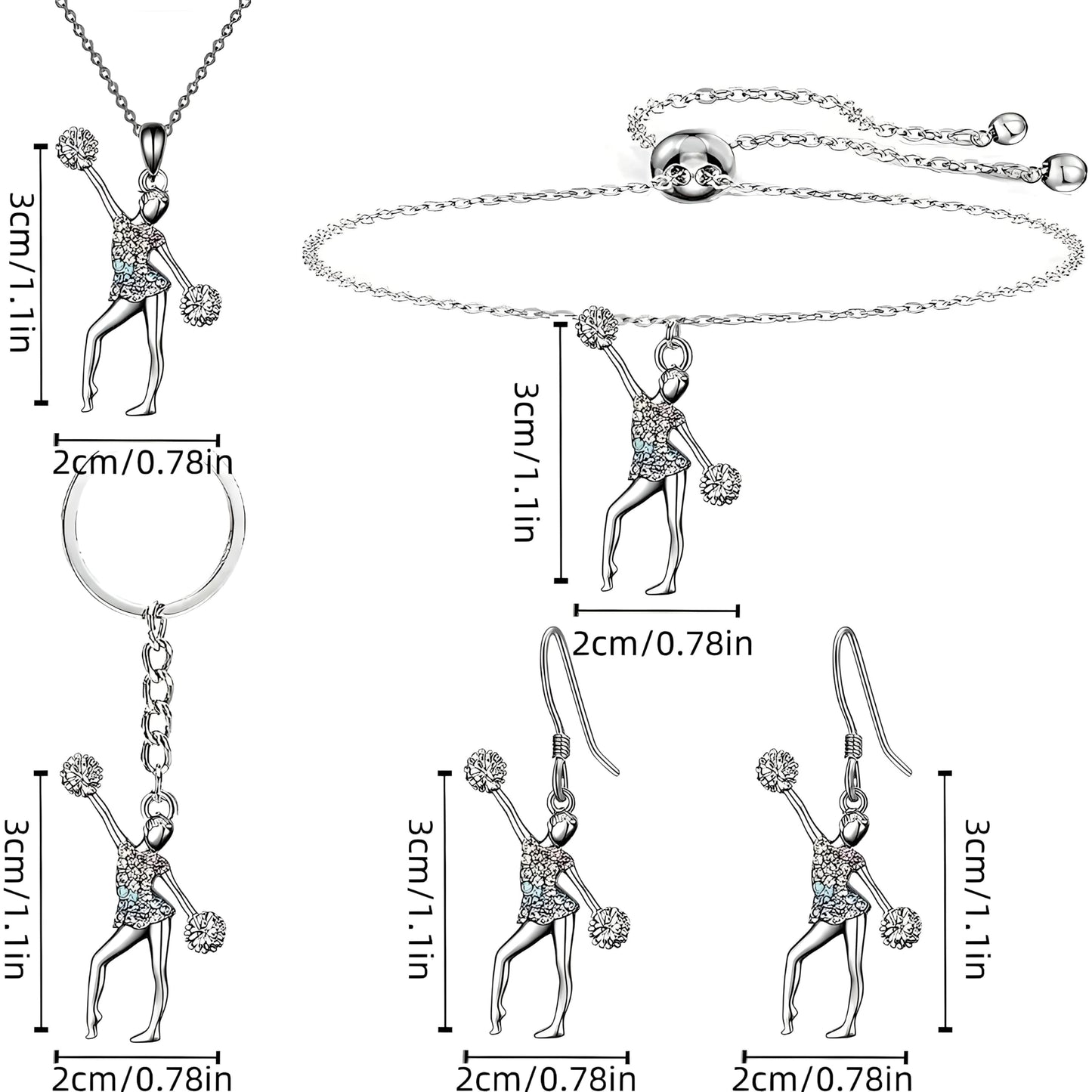 Cheerleader Jewelry Set with Crystal Pendant Necklace, Bracelet, Earrings and Keychain, Silver