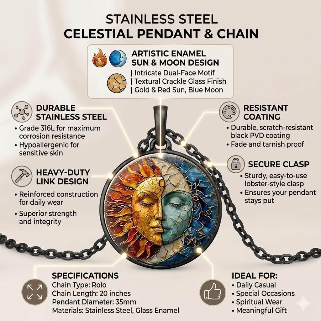 1pc Stunning Round Pendant Necklace - Unique Sun & Moon Pattern, Oil Painting Style Glass Mosaic, Alloy Construction, Trendy Sweater Chain, Fashionable Gift for Women - Christmas or Birthday Gift