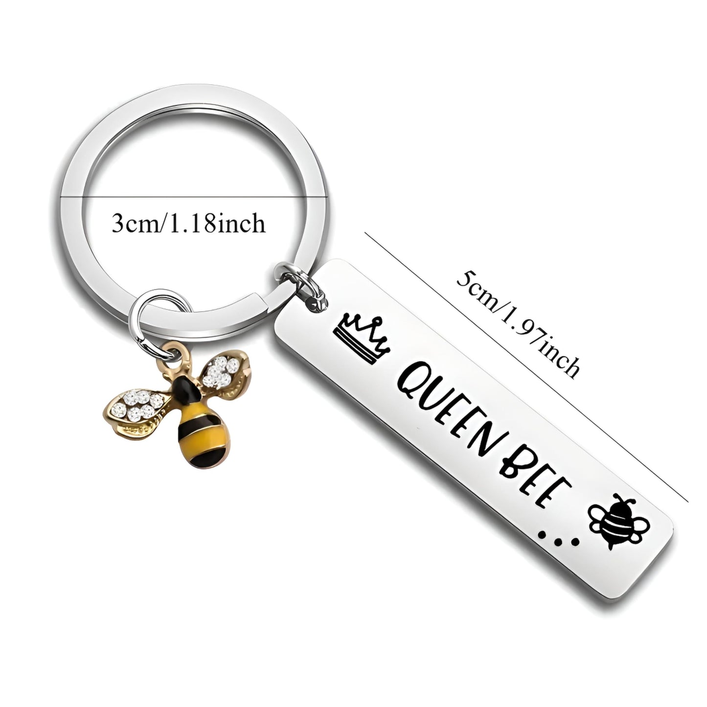 SUPAC Queen Bee Keychain with Crystal Bee Charm, Stainless Steel Bar Tag, Crown Design, 5cm Length - Bee Lovers' Gift