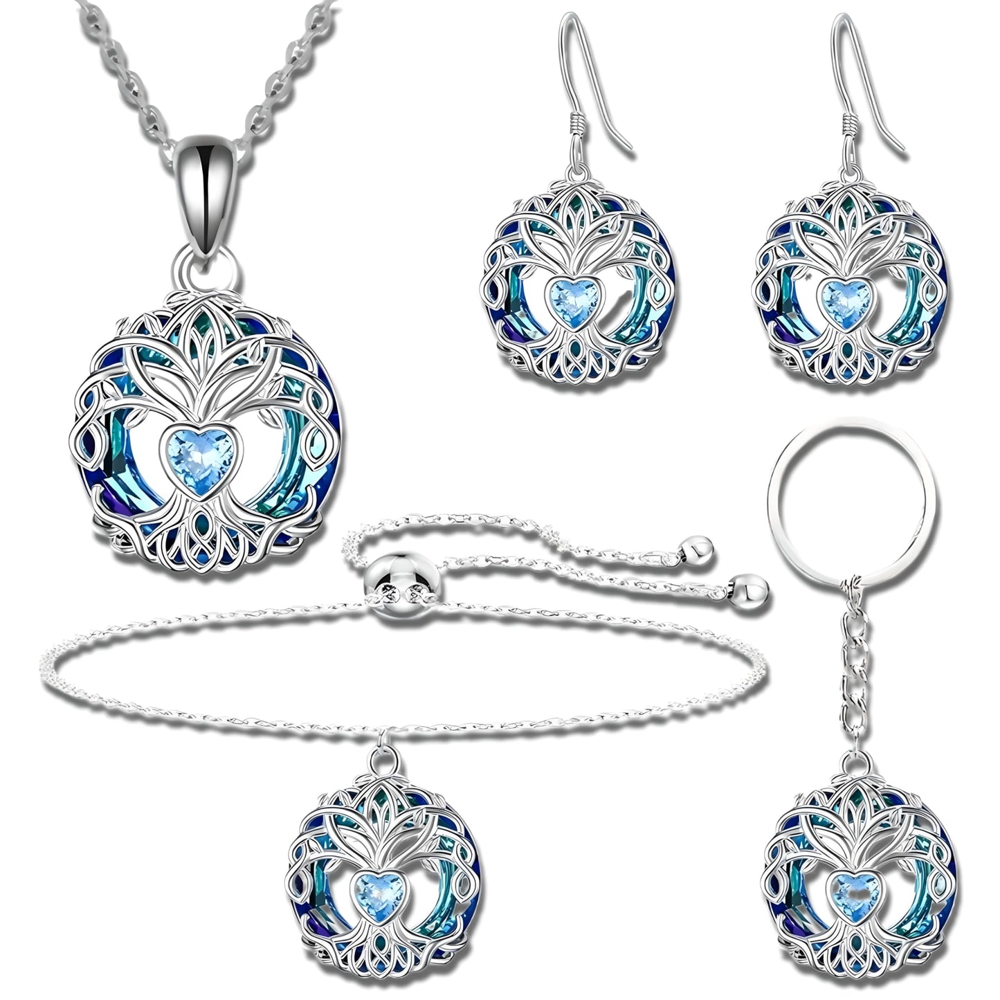 Tree of Life Jewelry Set, Blue Crystal Heart Design, Silver-Tone Necklace Bracelet Earrings Keychain, 4-Piece Set