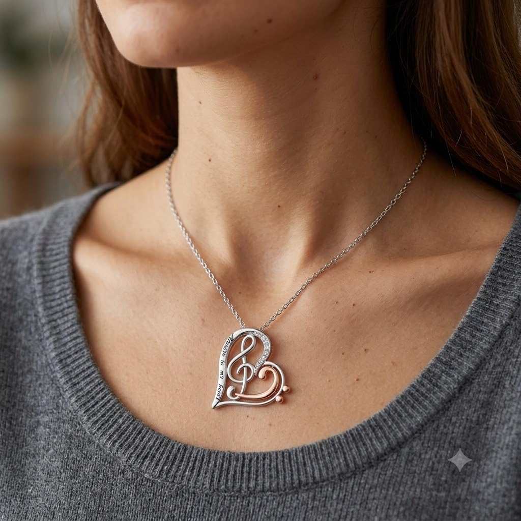 SUPAC Musical Note Heart Necklace, Stainless Steel and Rose Gold Two-Tone Treble Clef Design with Crystals - 'Always in my heart' Engraved
