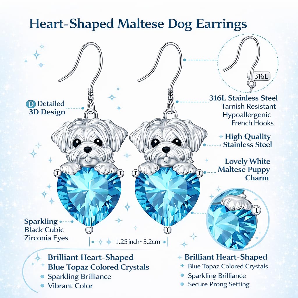 Decorative Dog Dangle Earrings, Blue Crystal Heart, Silver Shih Tzu Design