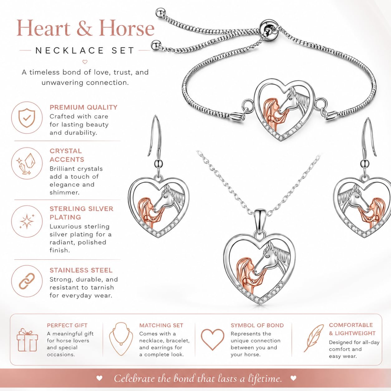 SUPAC Heart-Shaped Horse Jewelry Set, Silver and Rose Gold, Necklace and Earrings with Crystal Accents, 18+2 inch Chain