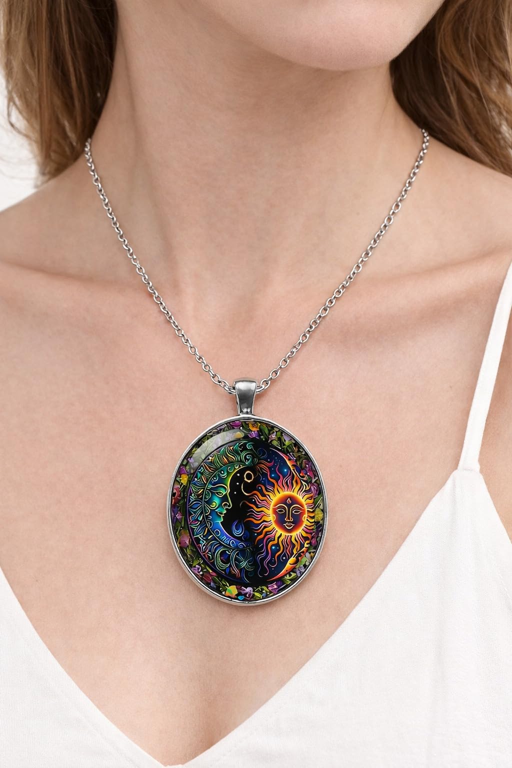 Celestial Sun and Moon Pendant Necklace, 17.7 inch Chain, Colorful Mystical Design