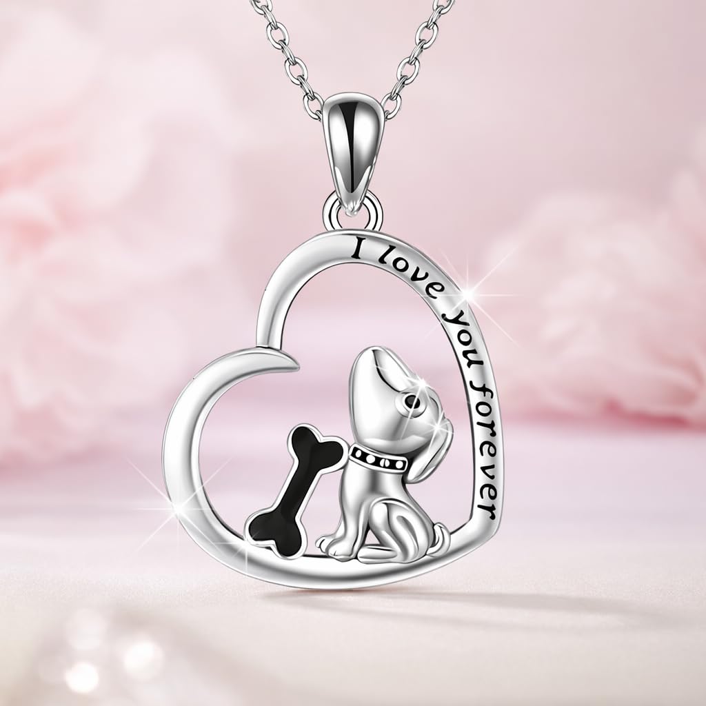 SUPAC Dog Breeds Necklace, German Shepherd, Labrador Retriever, Heart Pendant Necklace, Black and Gold, Crystal Paw Print Design, Dog Lovers Gift