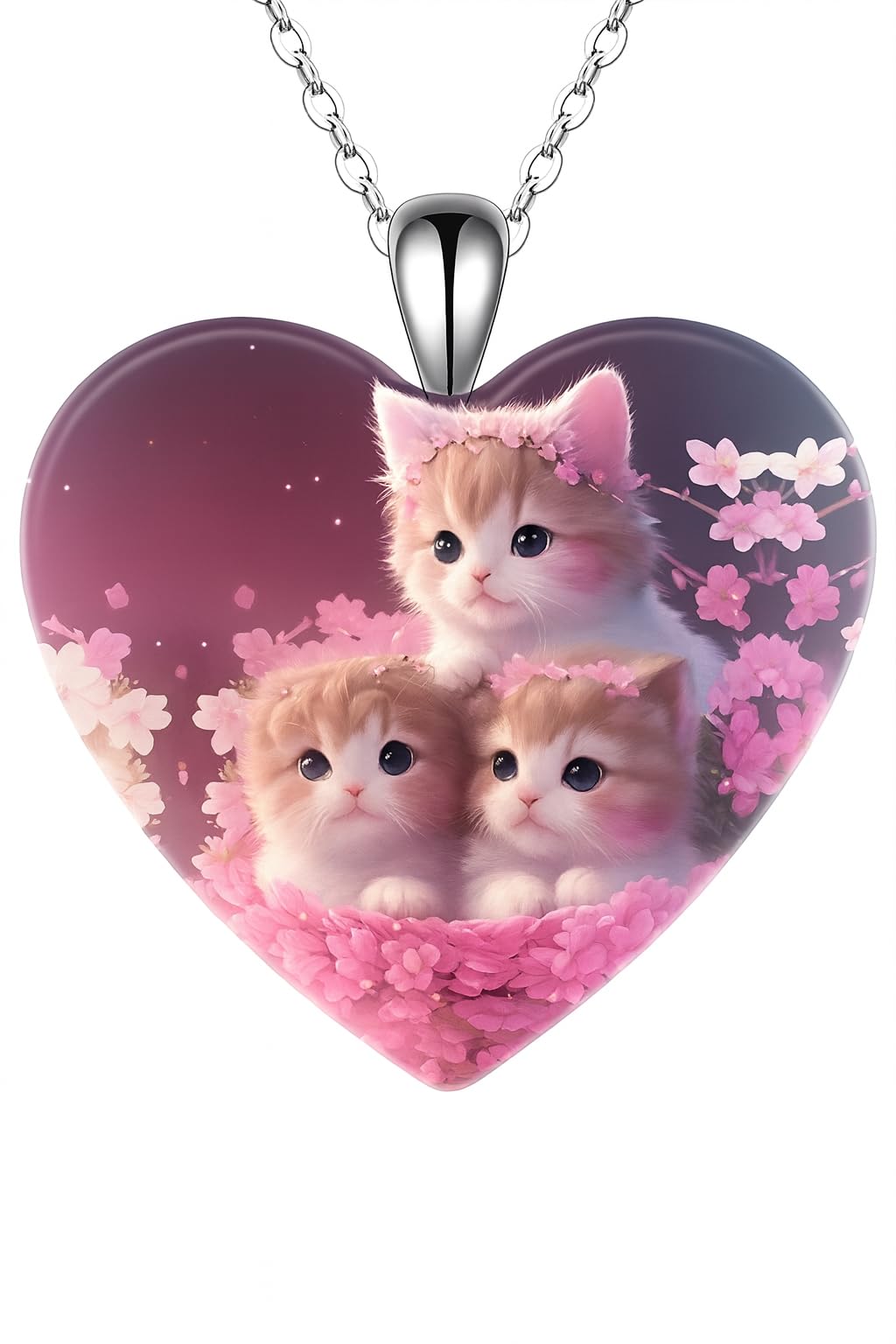 SUPAC 3 Cute Cuddily Kittens with Flowers Heart Pendant Necklace, Stainless Steel Necklace, 'I Love you Today, Tomorrow, Always' Engraved - Christmas, Holiday, or Birthday Gift