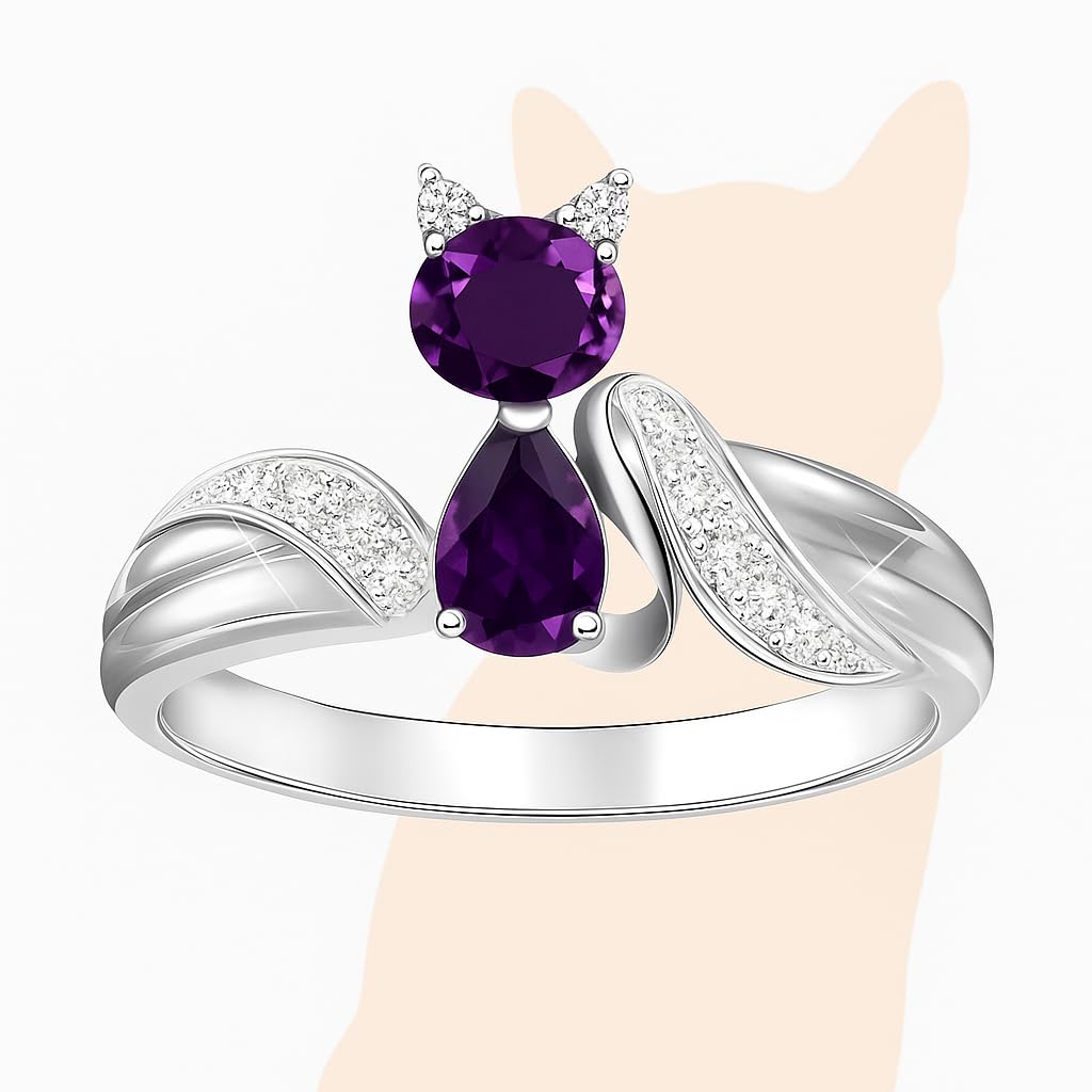 Stainless Steel Purple Crystal Cat Ring with Cubic Zirconia Accents - Glass Ring, Gift for Cat Lovers'