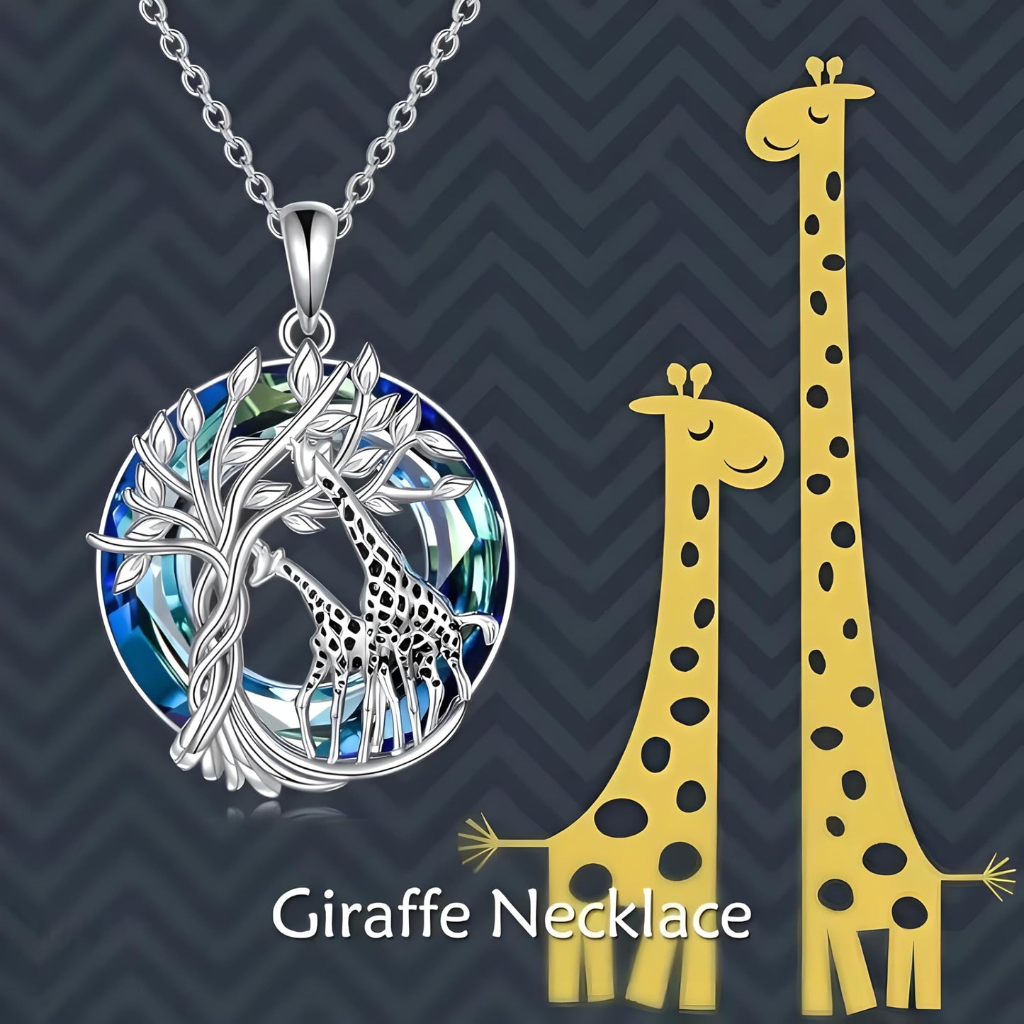 SUPAC Sterling Silver Tree of Life Giraffe Pendant Necklace, Blue Crystal Background, Gift for Animal Lovers!