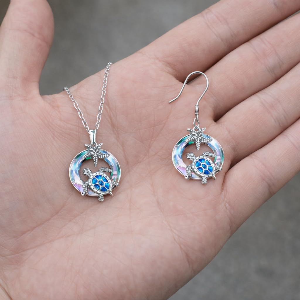 Sea Turtle Jewelry Set with Opal-Effect Blue Crystal, 3 Piece Starfish Pendant Necklace, Earrings Set, Stainless Steel Set