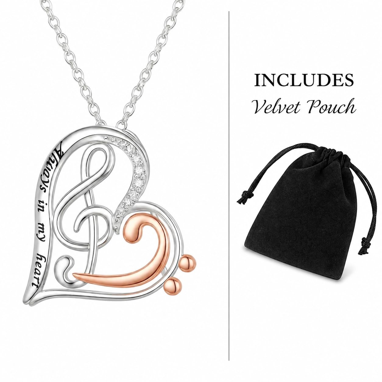 SUPAC Musical Note Heart Necklace, Stainless Steel and Rose Gold Two-Tone Treble Clef Design with Crystals - 'Always in my heart' Engraved