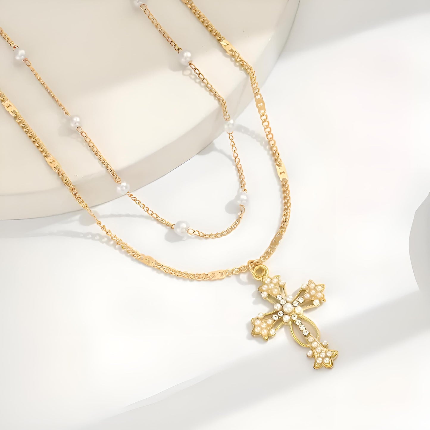 Gold-Tone Cross Pendant Necklace with Pearls and Crystals, 15.35 Inches Chain