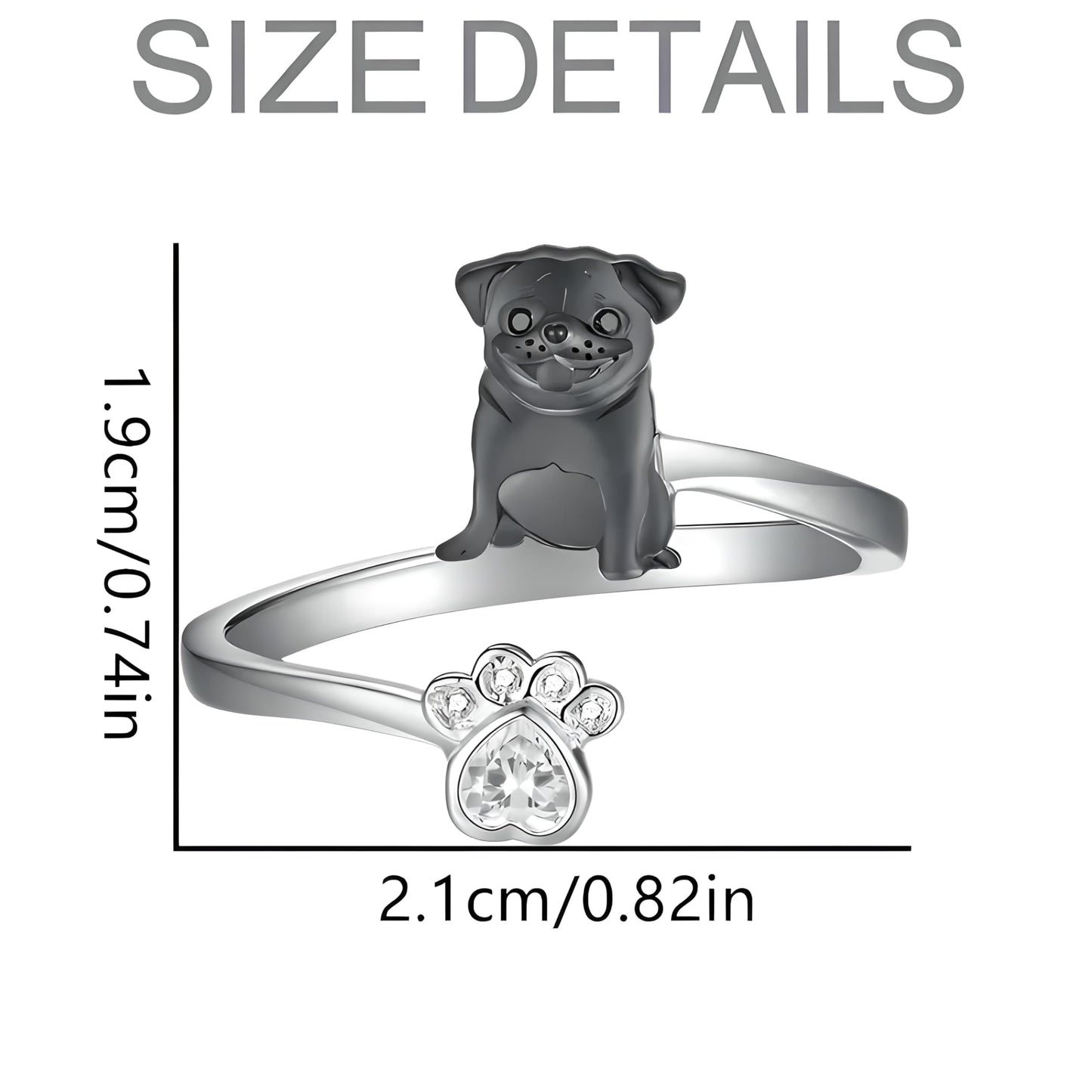 German Shepherd, Yorkie, Pug Dog Paw Adjustable Ring, Sterling Silver, Paw Print Design with Crystal Accents - Christmas, Birthday, or Party Ring
