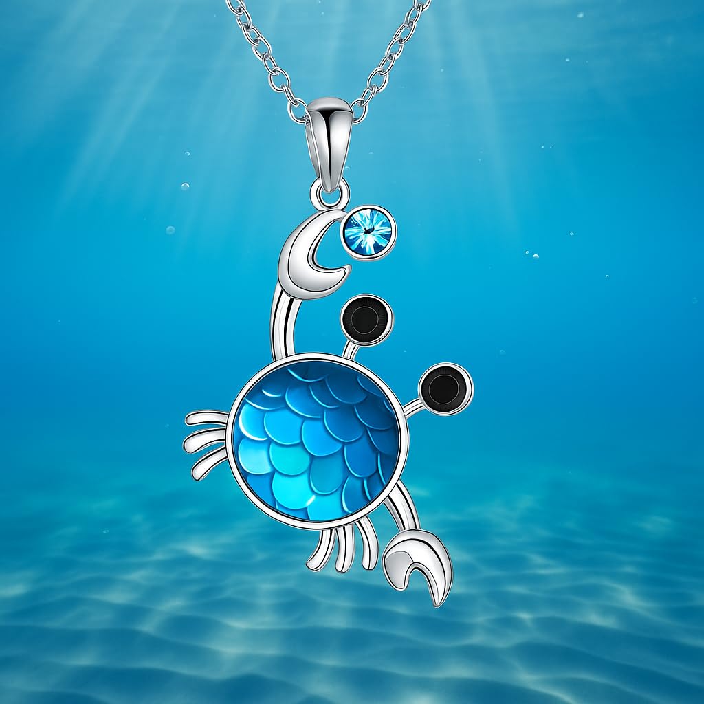 SUPAC Stainless Steel Crab Pendant Necklace, Blue Crystal Design, Black Accent Stones - Crab Jewelry Gift