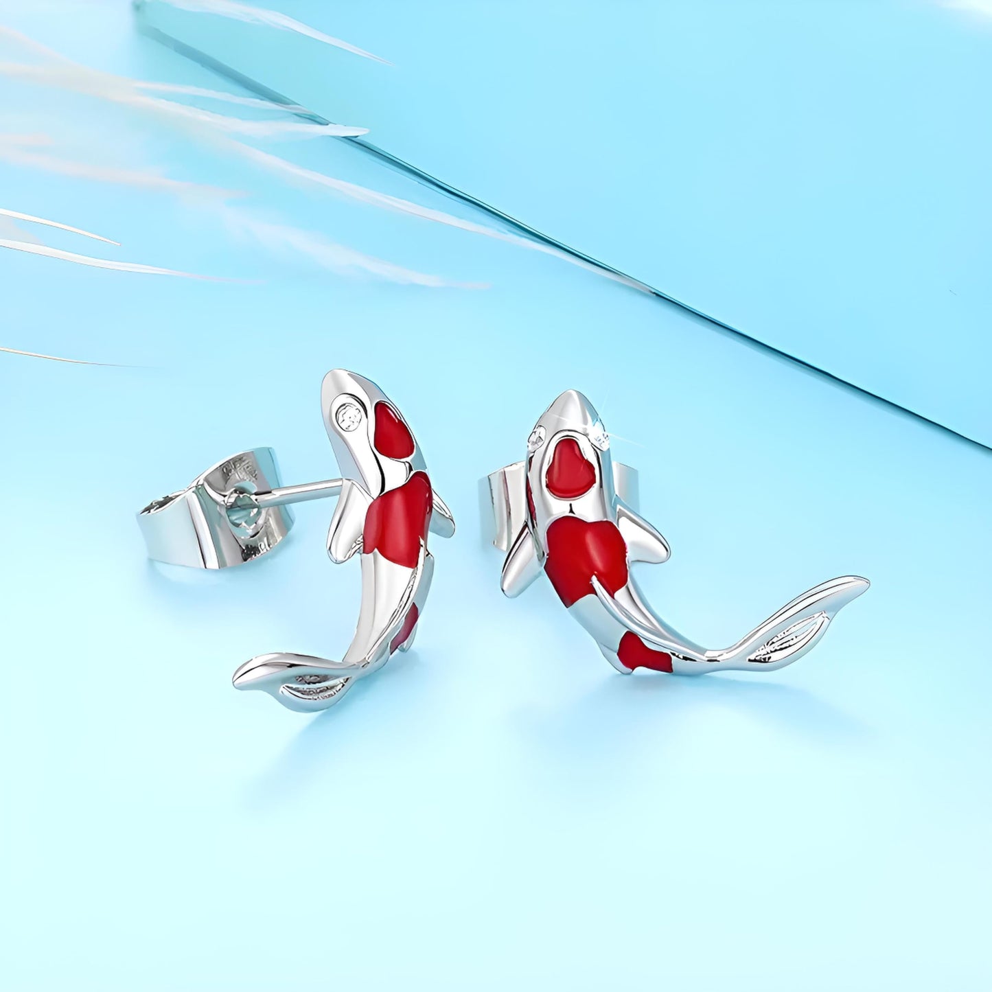 Stainless Steel Koi Fish Ring and Earrings Set with Red Enamel, Japanese Style - Koi Fish Jewelry Gift