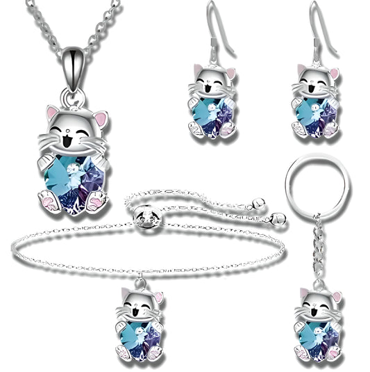 Lucky Smiling Cat Crystal Jewelry Set, Necklace Bracelet Earrings Keychain, Blue and Purple Crystal, Silver