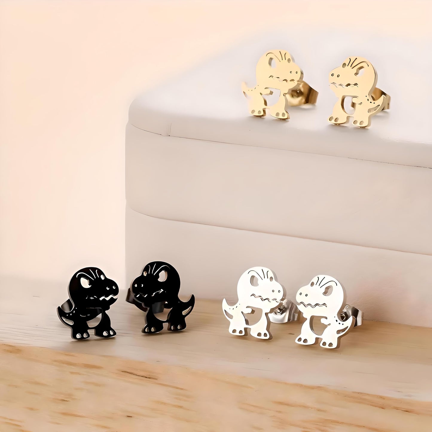 Cute Dinosaur T-Rex Stud Earrings, 3 Colors Set, Gold Silver Black